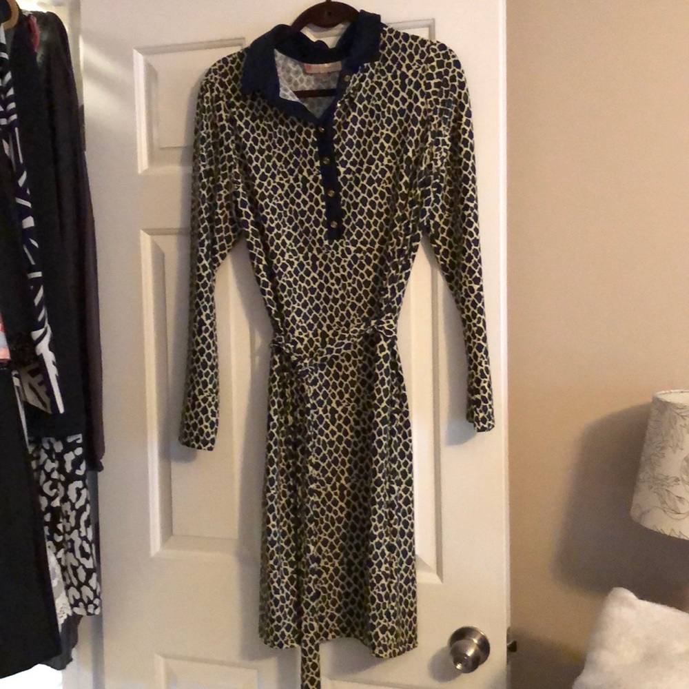 Jude Connally Navy and Yellow Patterned Long Sleeve Dress